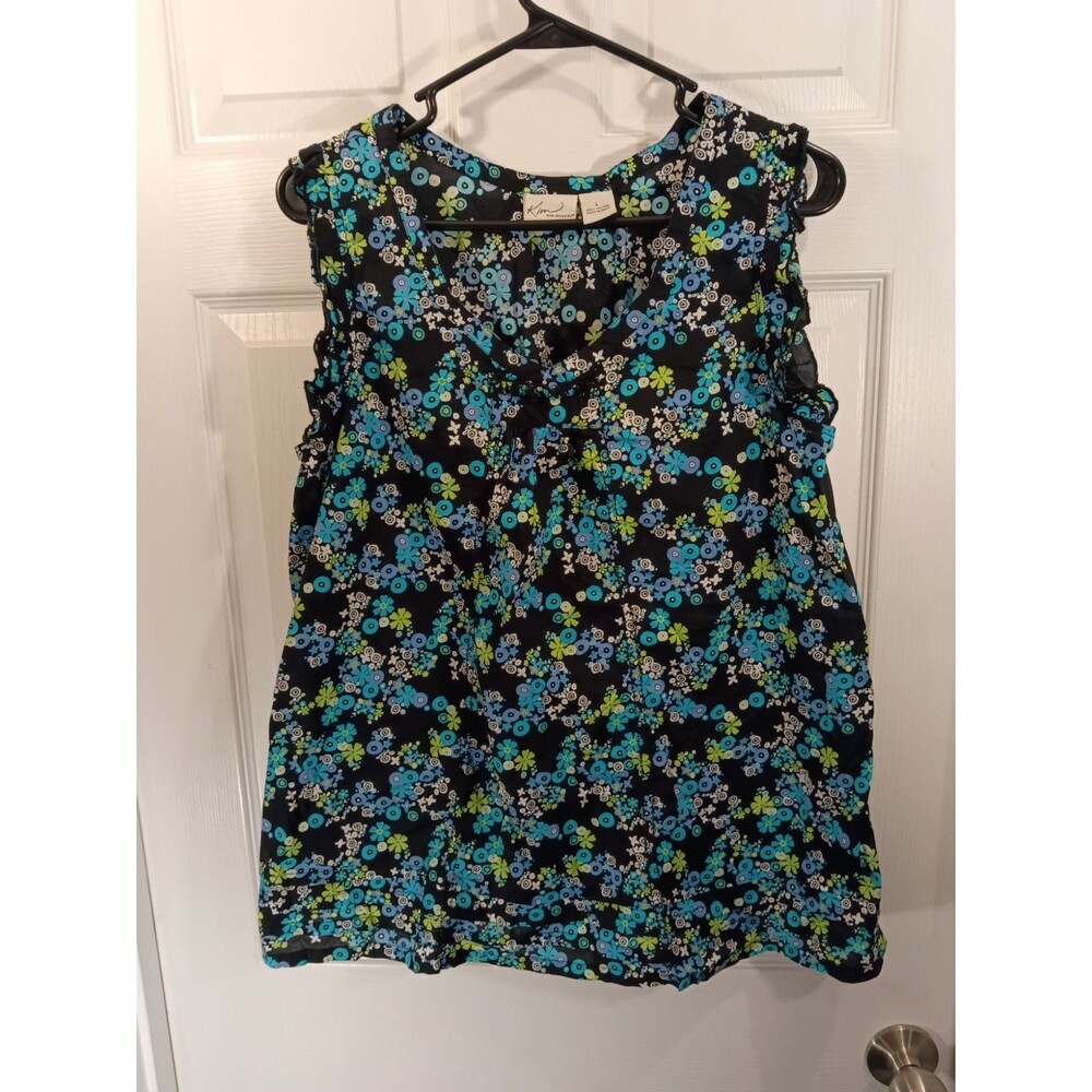 Kim Rogers Top Size L Black And Blue Multicolor Sleeveless Floral